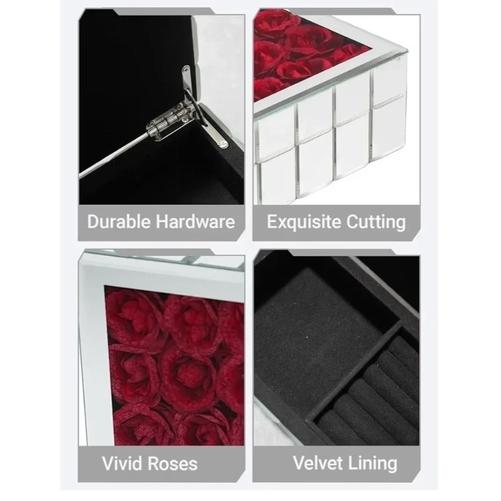 Mirrored Rose Jewelry Box Red Eternal Roses Glass Ring Organizer Gift